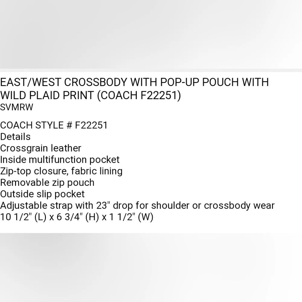 NWT  Coach East/ West Cross body with pop_ Up Pouch Wild plaid print